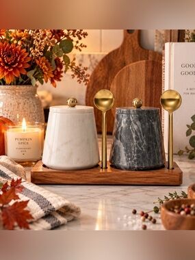 🌸 Cravings by Chrissy Teigen MARBLE CONDIMENT SET 2 Jars 2 Spoons & Wooden Tray